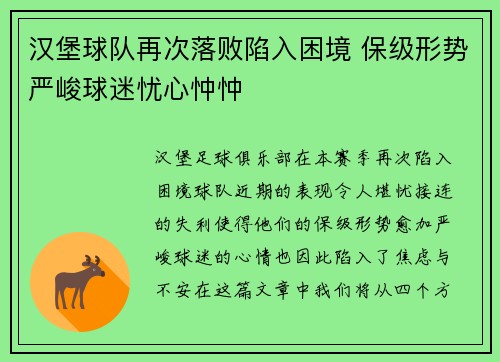 汉堡球队再次落败陷入困境 保级形势严峻球迷忧心忡忡