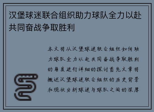 汉堡球迷联合组织助力球队全力以赴共同奋战争取胜利